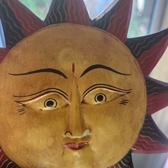Vtg Wooden Hand Painted Sun Moon Face Hanging Ornament Christmas Indonesia 7” - Picture 6 of 16